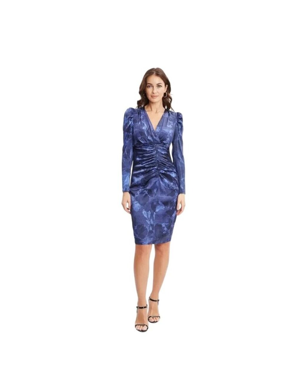 Elie Tahari Silk Blue Floral Ruched Long Sleeve Midi Dress Size 6